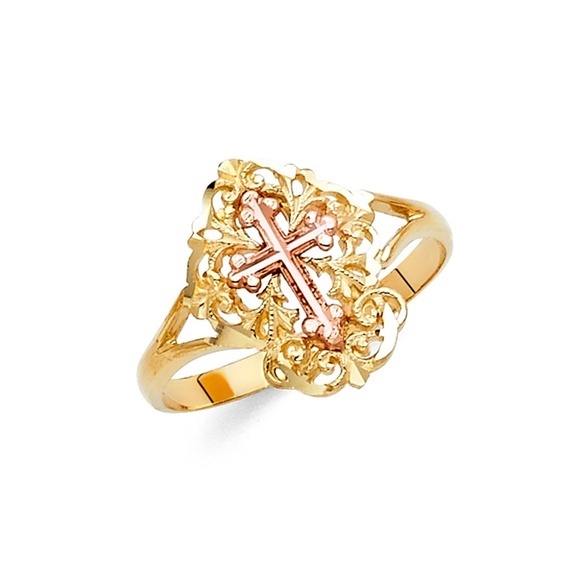 New 14K Yellow Gold Rose Gold Religious Cross Ring